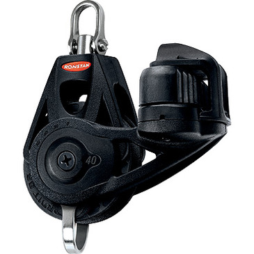 Orbit 40 series single ring pulley, jam cleat, shackle on swivel