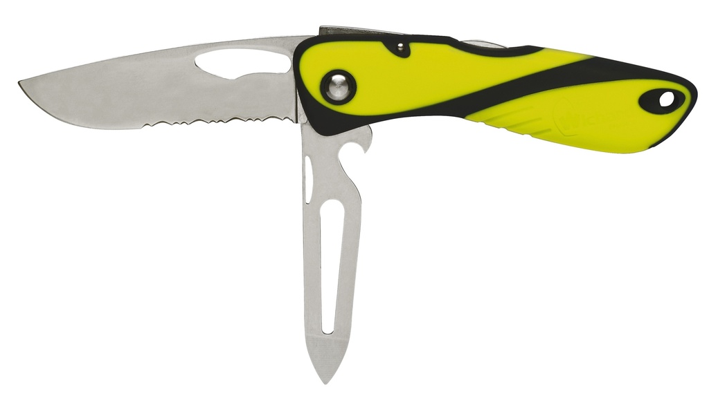 Couteau Offshore avec lame crantée, démanilleur, décapsuleur, épissoir et dragonne jaune fluorescent